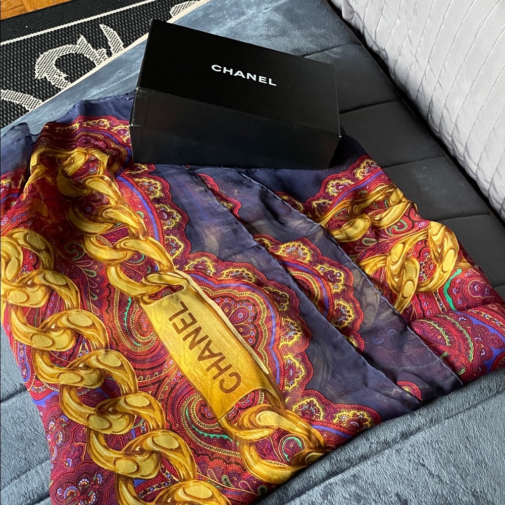 Chanel Silk Scarf with Gold Chain and Paisley Design 50x50